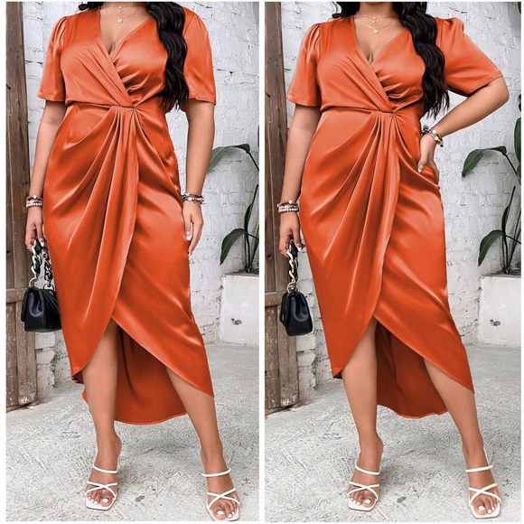 Luxe Mint Green Satin Surplice Short Sleeve Evening Party Dress - Picture 6 of 7